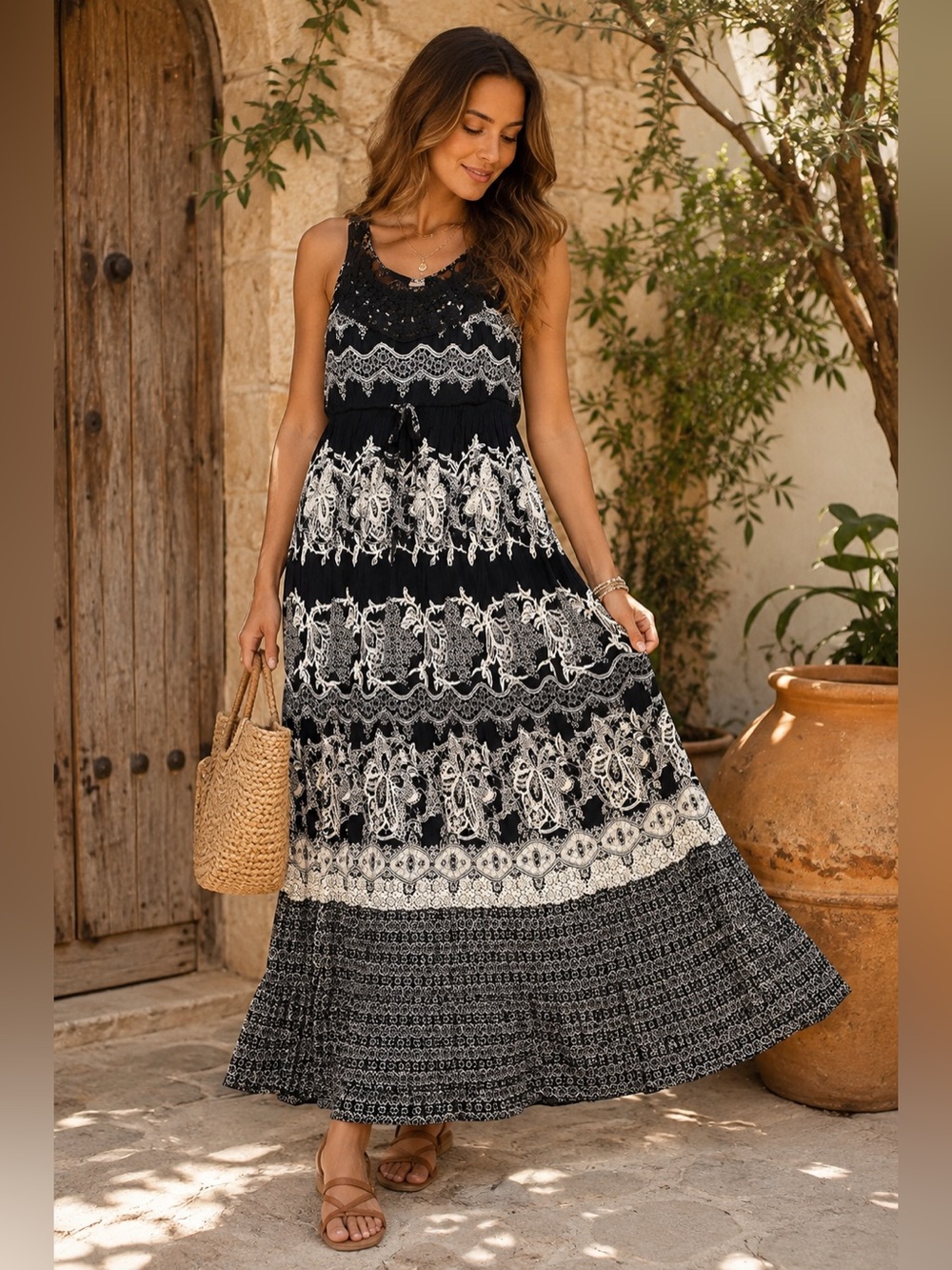 Bila Black and White Boho Maxi Dress with Lace Details